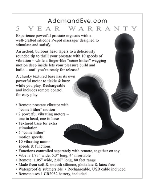 Adam & Eve Adam's Come Hither Prostate Massager W-remote - Black