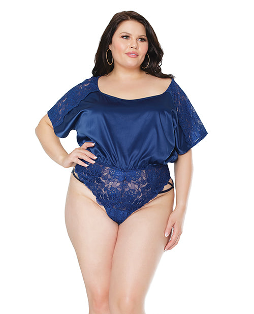 Stretch Satin & Scallop Stretch Lace Off The Shoulder Romper Navy Os-xl