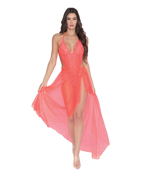 Simply Sexy Stretch Lace Teddy & Sheer Mesh Maxi Skirt W-adjustable Straps & G-string Coral Sm
