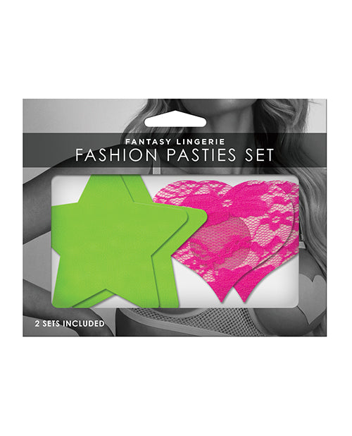 Fantasy Uv Reactive Neon Star & Lace Heart Pasties - Green & Pink O-s Pack Of 2