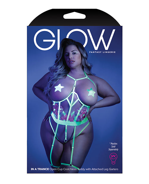Glow Black Light Embroidered Cupless Garter Teddy (pasties Not Included) Neon Chartreuse Qn