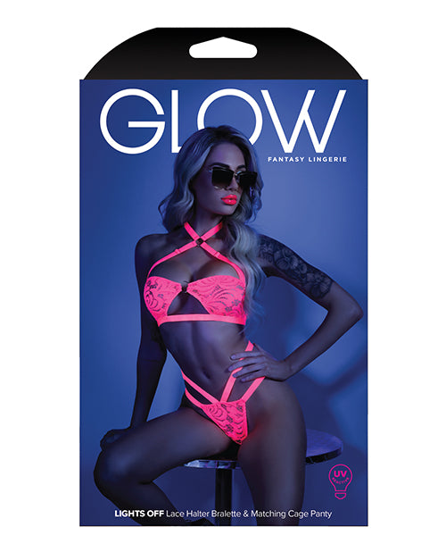 Glow Black Light Halter Bandeau & Cage Panty Neon Pink L-xl