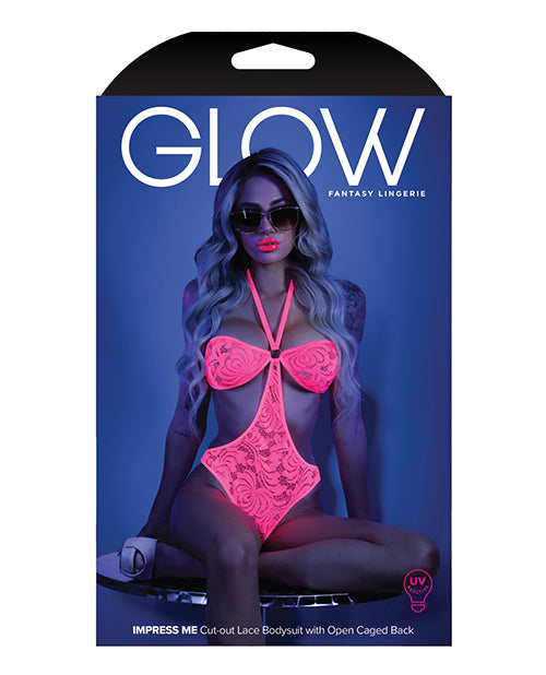 Glow Black Light Halter Bodysuit W-open Sides Neon Pink M-l