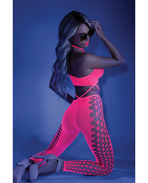 Glow Black Light Cropped Cutout Halter Bodystocking Neon Pink O-s