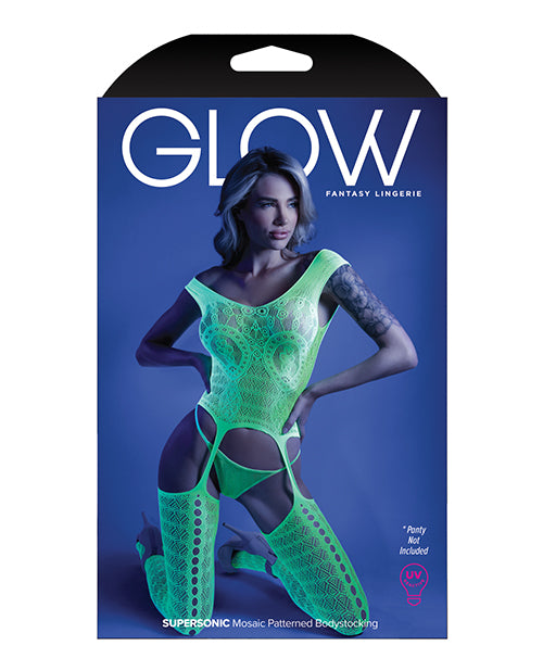 Glow Black Light Mosaic Pattern Gartered Bodystocking Neon Green O-s