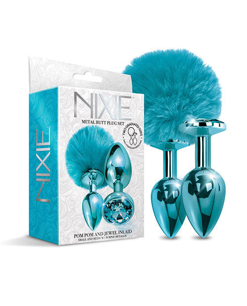 Nixie Metal Butt Plug Set W-jewel Inlaid & Pom Pom - Blue Metallic