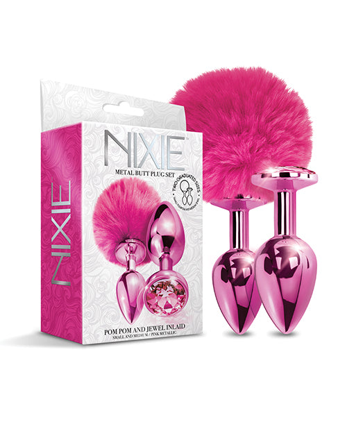 Nixie Metal Butt Plug Set W-jewel Inlaid & Pom Pom - Pink Metallic