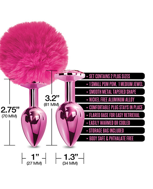Nixie Metal Butt Plug Set W-jewel Inlaid & Pom Pom - Pink Metallic