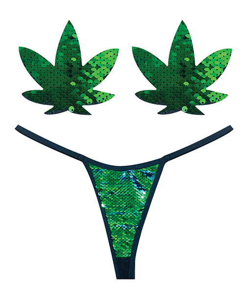Neva Nude Naughty Knix Weed Leaf Sequin G-string & Pasties - Green  O-s
