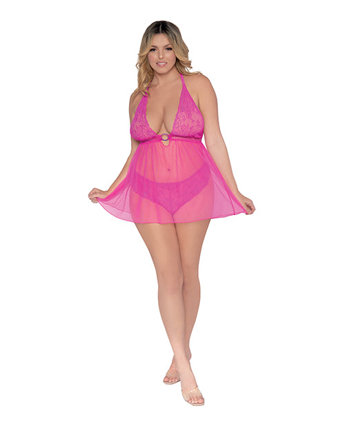 Simply Sexy Scalloped Stretch Lace & Mesh Halter T-back Babydoll Paradise Pink Qn